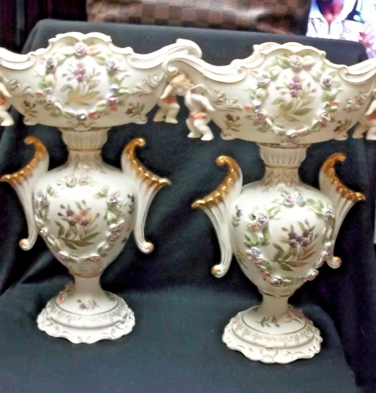 SET 2 CAPODIMONTE VASES URN CENTERPIECES CHERUBS FLOWERS MARKED W/ N LOGO