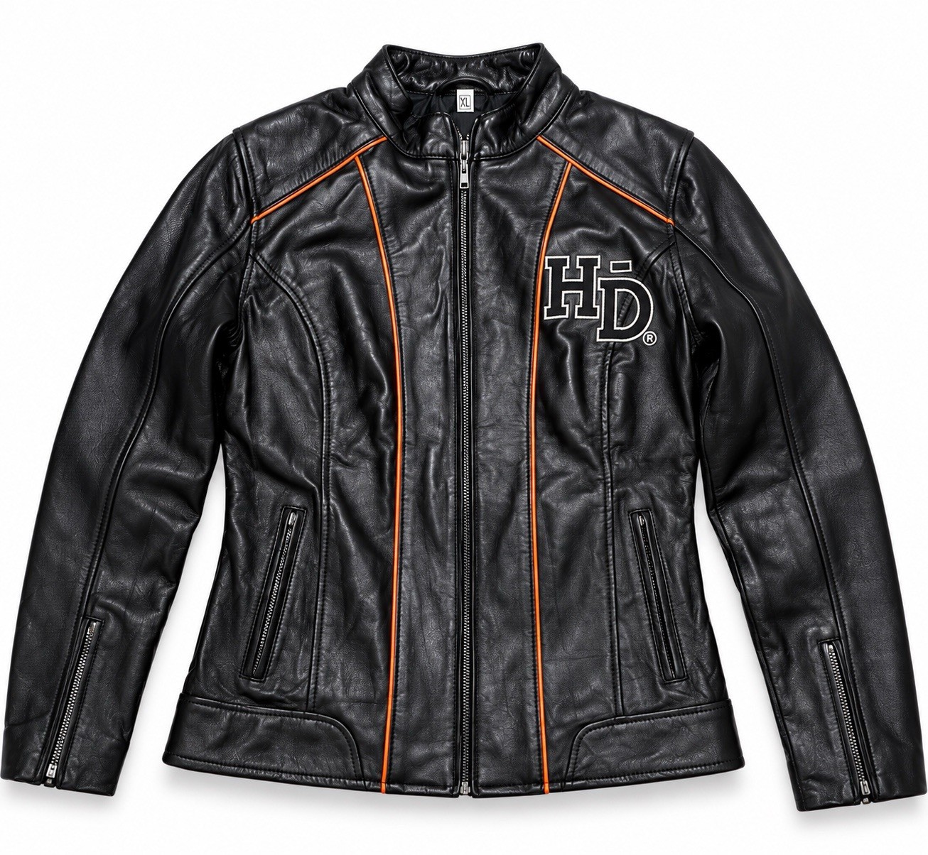 Real Leather Women's Harley Davidson Motorcycle Jacket Black Orange XL