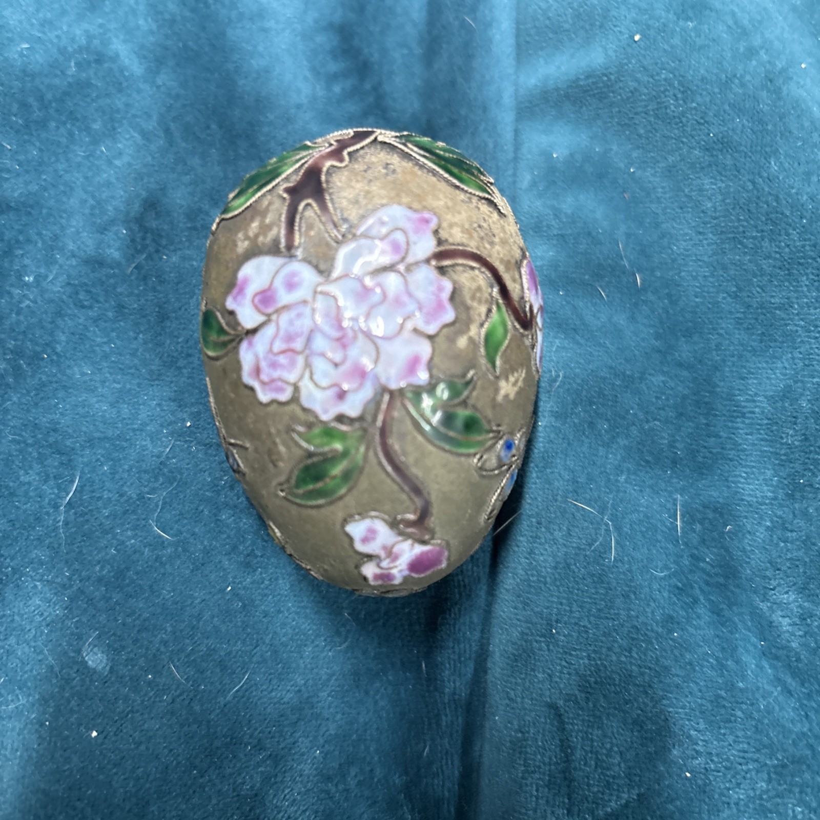 Vintage Chinese Cloisonné Egg 3-3/4 cherry Blossom Birds Metal