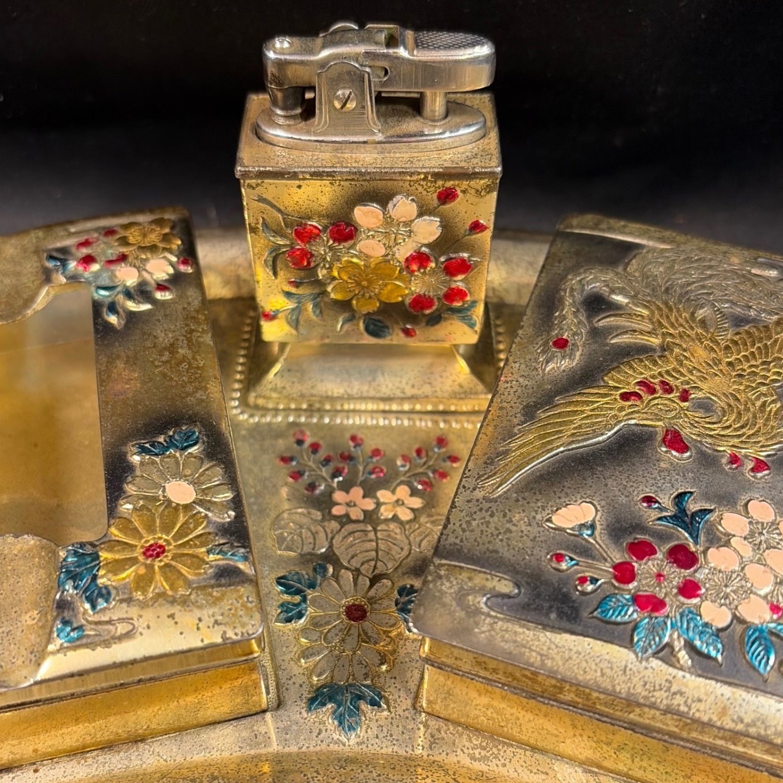 Occupied Japan Champleve Enamel Smoking Set Phoenix Floral Lighter Ashtray Tray