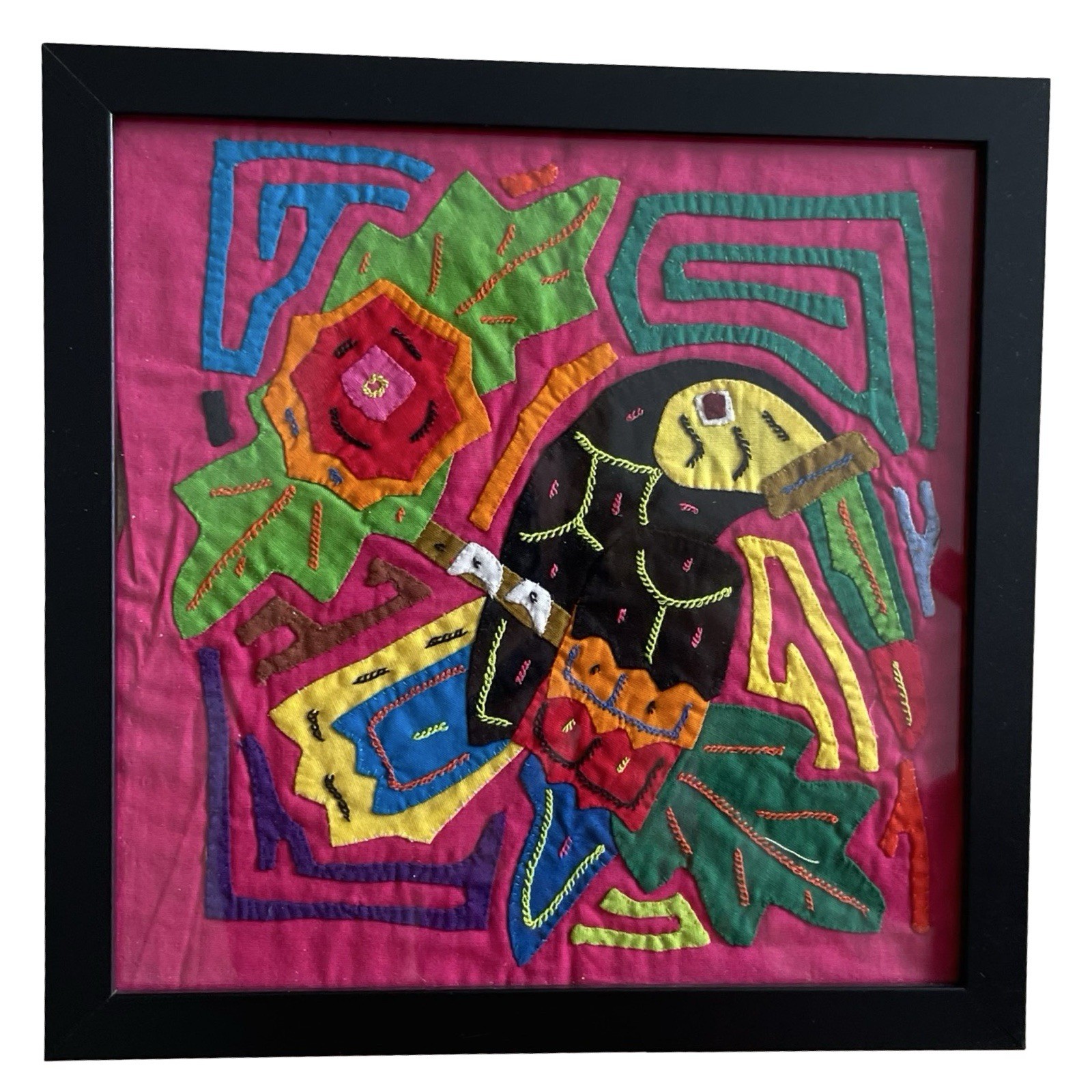 Framed Vtg Textile Kuna Indian Folk Art Mola Panel Bird Parrot Fabric Picture 9”