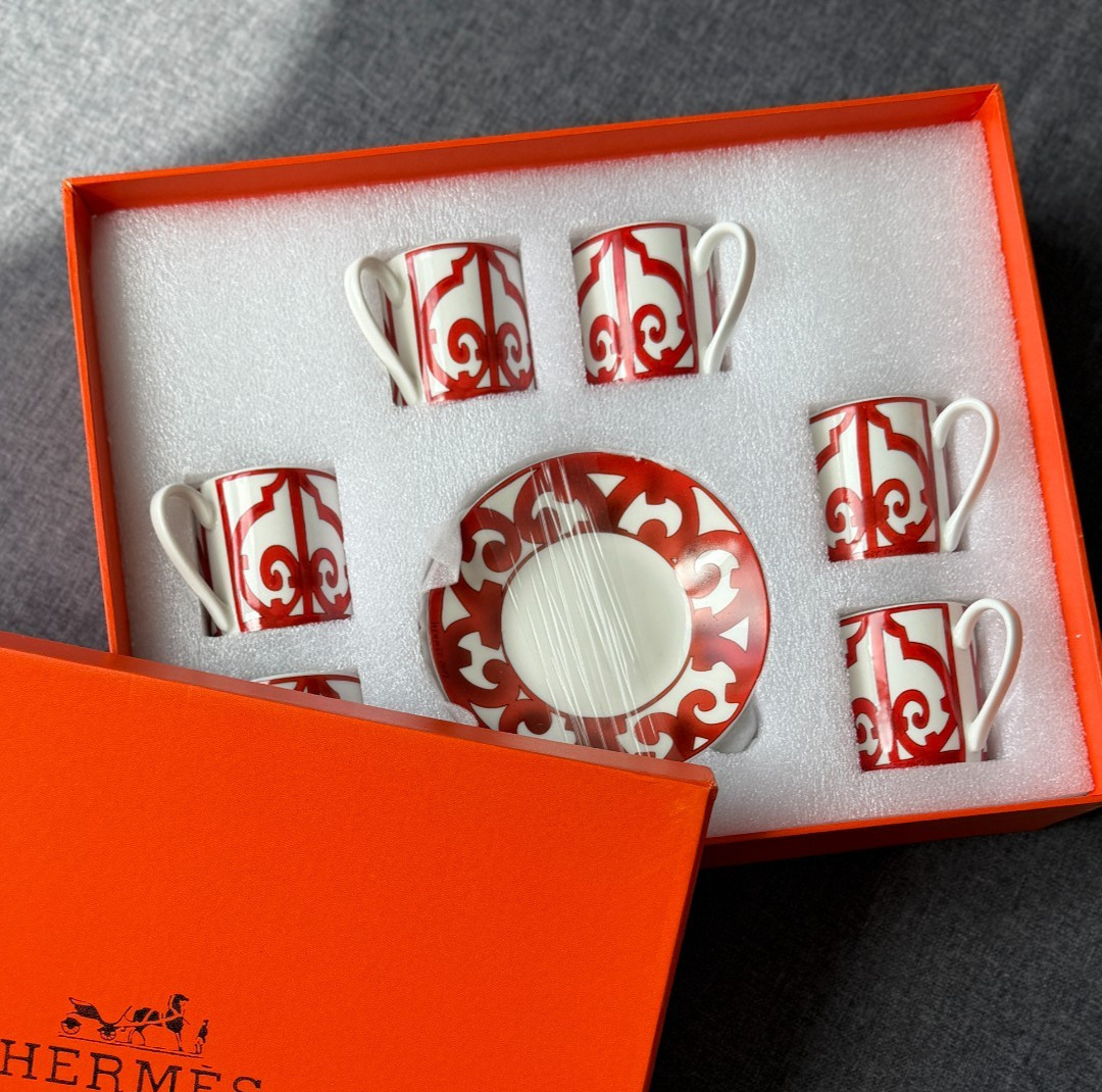 Hermès Balcon du Guadalquivir Espresso Cup & Saucer Set 100ml 6pcs Red Porcelain