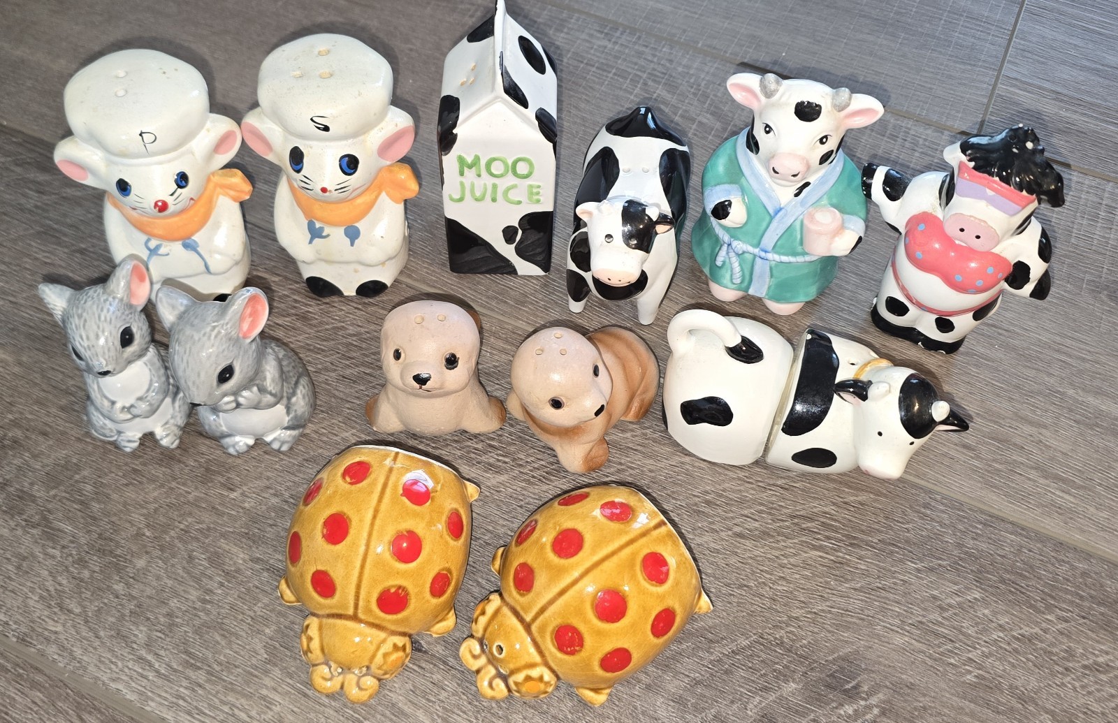 Russ Berrie OCI Ceramic Salt Pepper Shakers Lot 7 Pairs Cows Mice Ladybugs