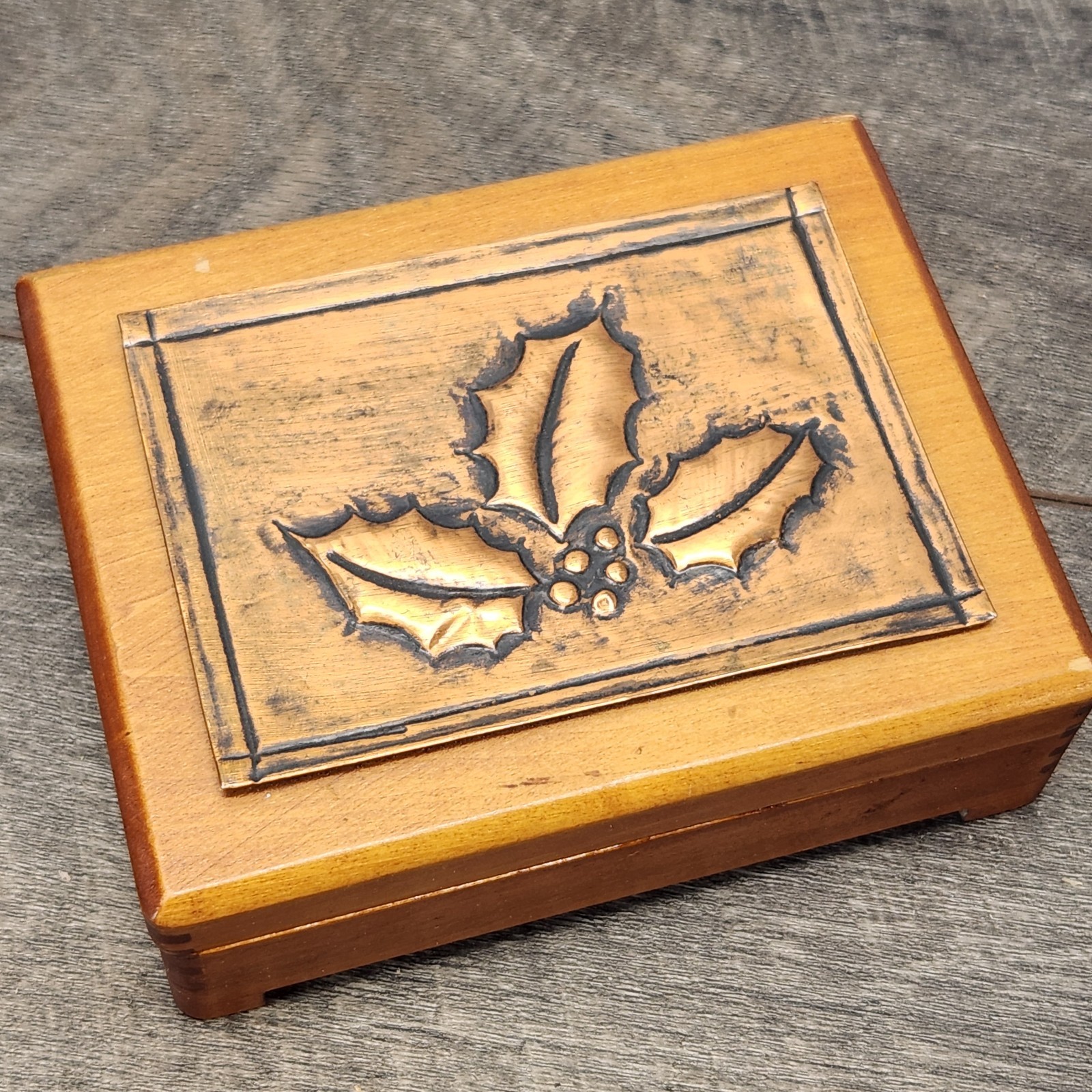 Embossed Hamered Copper Vintage Wooden Trinket Box Holly Berry
