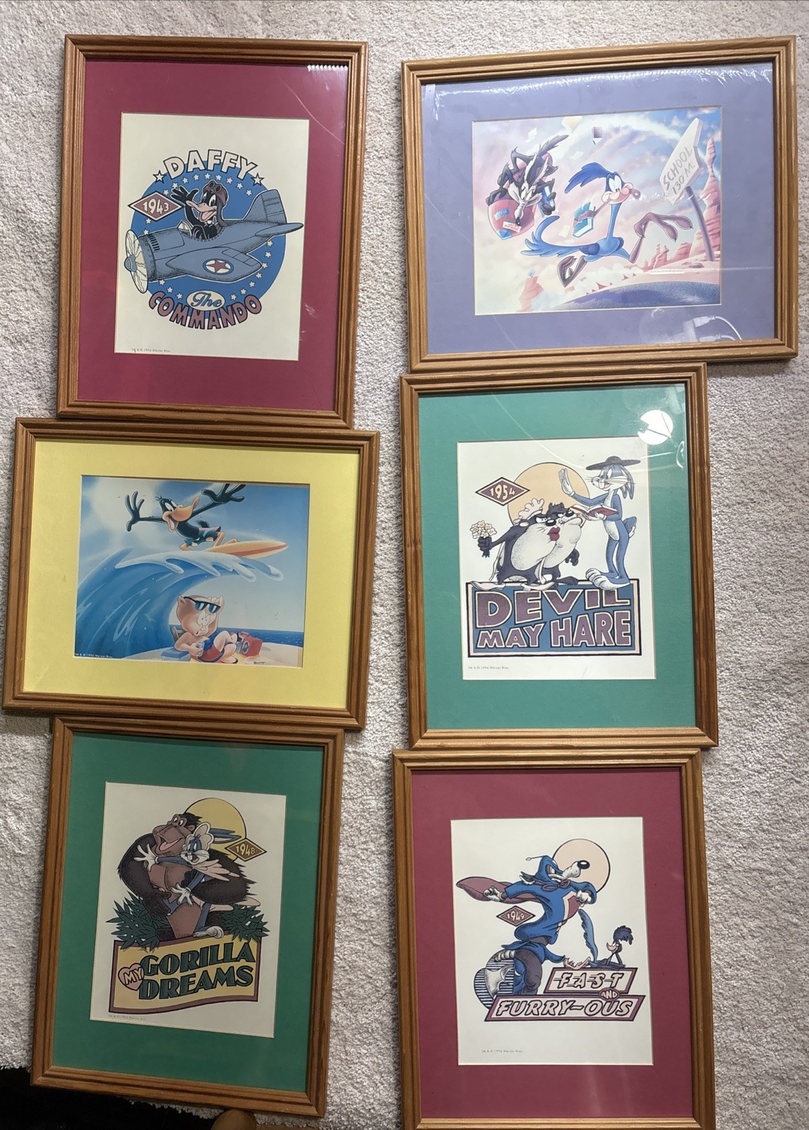 Vtg 1994 LOONEY TUNES Lot Of 6 Framed Litho Art Bugs Taz Daffy Porky Wiley 12X15