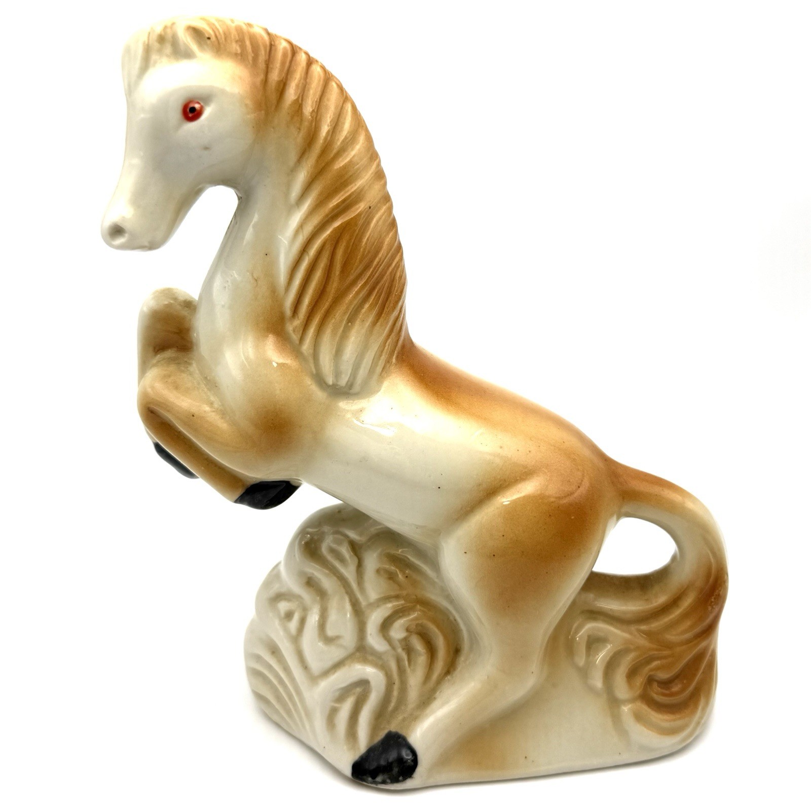 Mid Century Pottery Ceramic Horse Figurine Rearing Waves Prancing 6.5” H 6” L