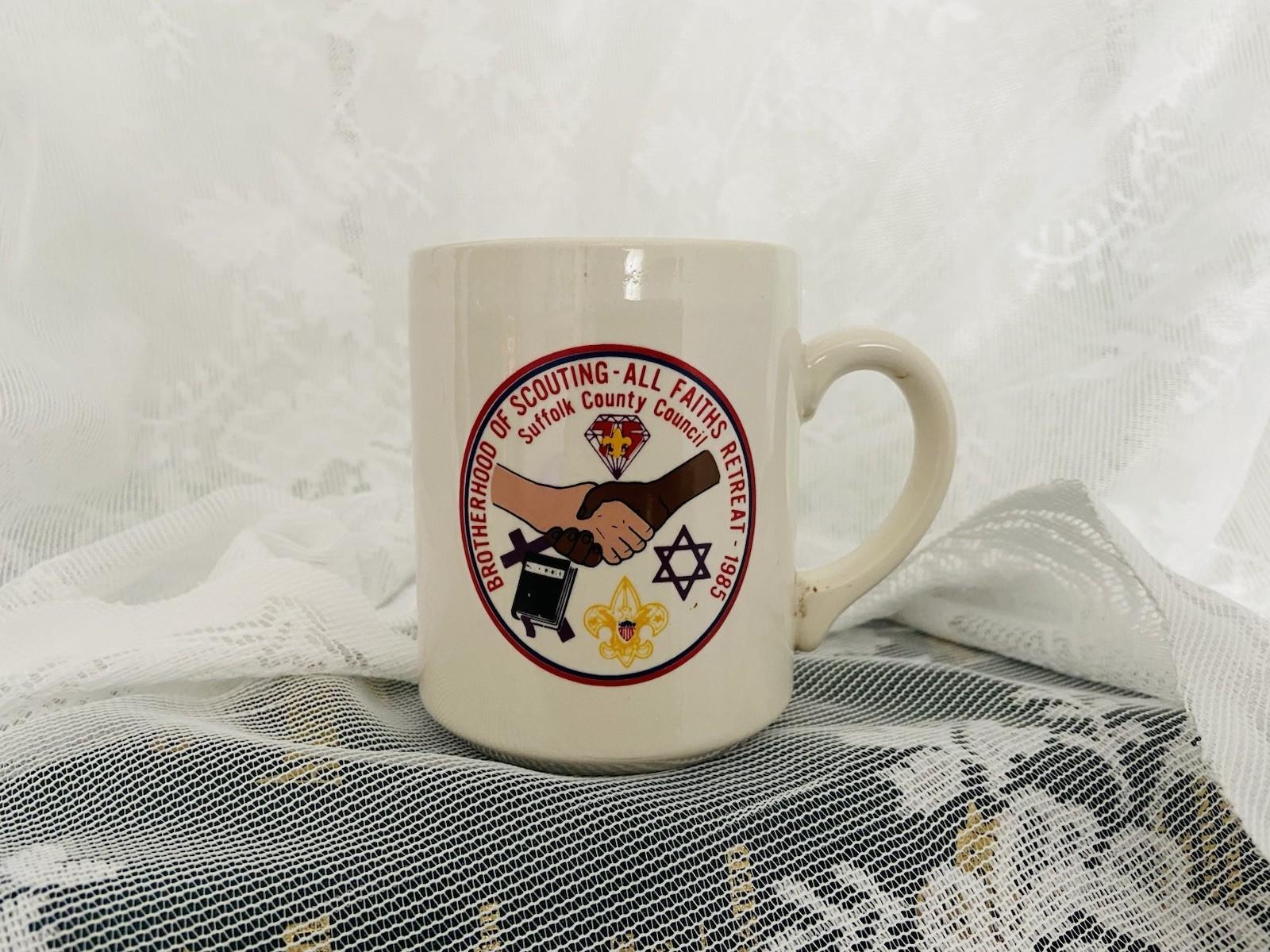 Vintage 1985 Boy Scouts of America Suffolk County Council All Faiths Retreat Mug