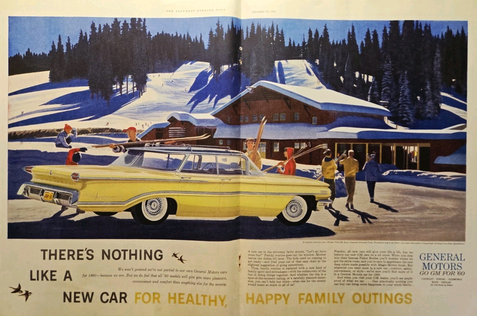 GM \'60 Oldsmobile Ninety-Eight Print Ad 1959 - Badger Pass Ski Area Yosemite