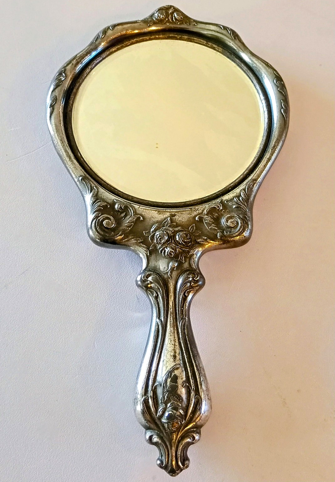 Antique Art Nouveau Silver Plated Hand Mirror Lady Roses Relief Please Read