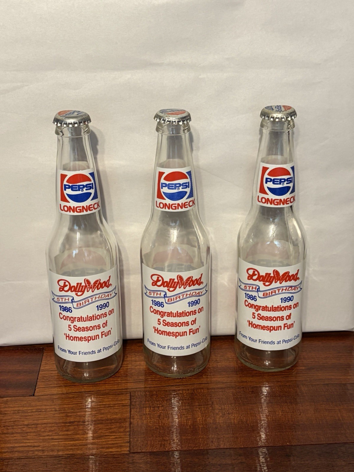 Vintage Dollywood Pepsi Longneck Bottles Lot of 3 12 oz 5th Birthday 1986-1990