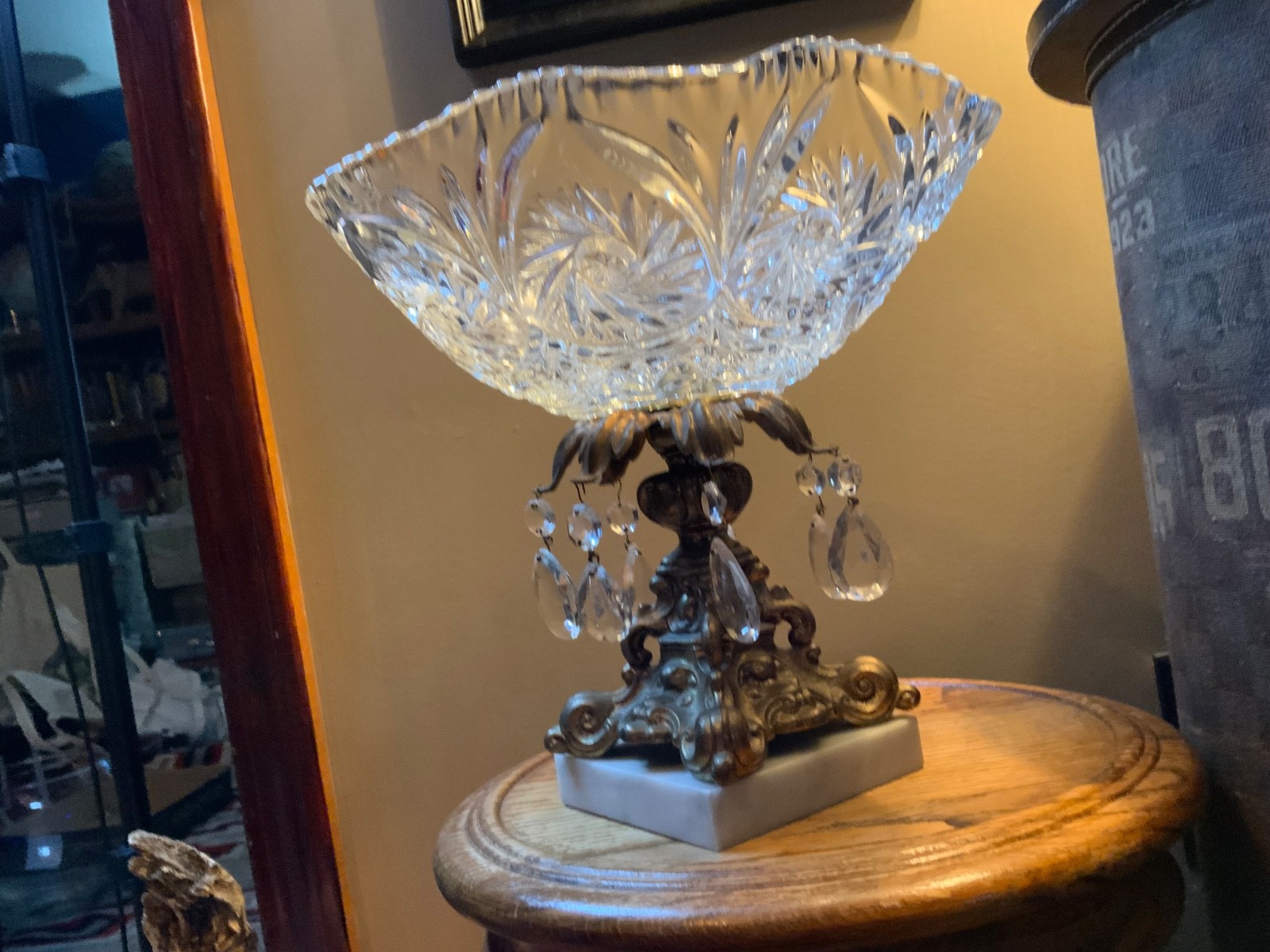 Vintage Crystal Compote Brass Stand & Glass Prisms Marble Base