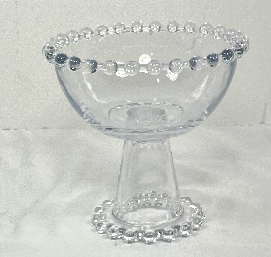 Vintage Clear Glass Pedestal Bowl Beaded Rim Compote Centerpiece