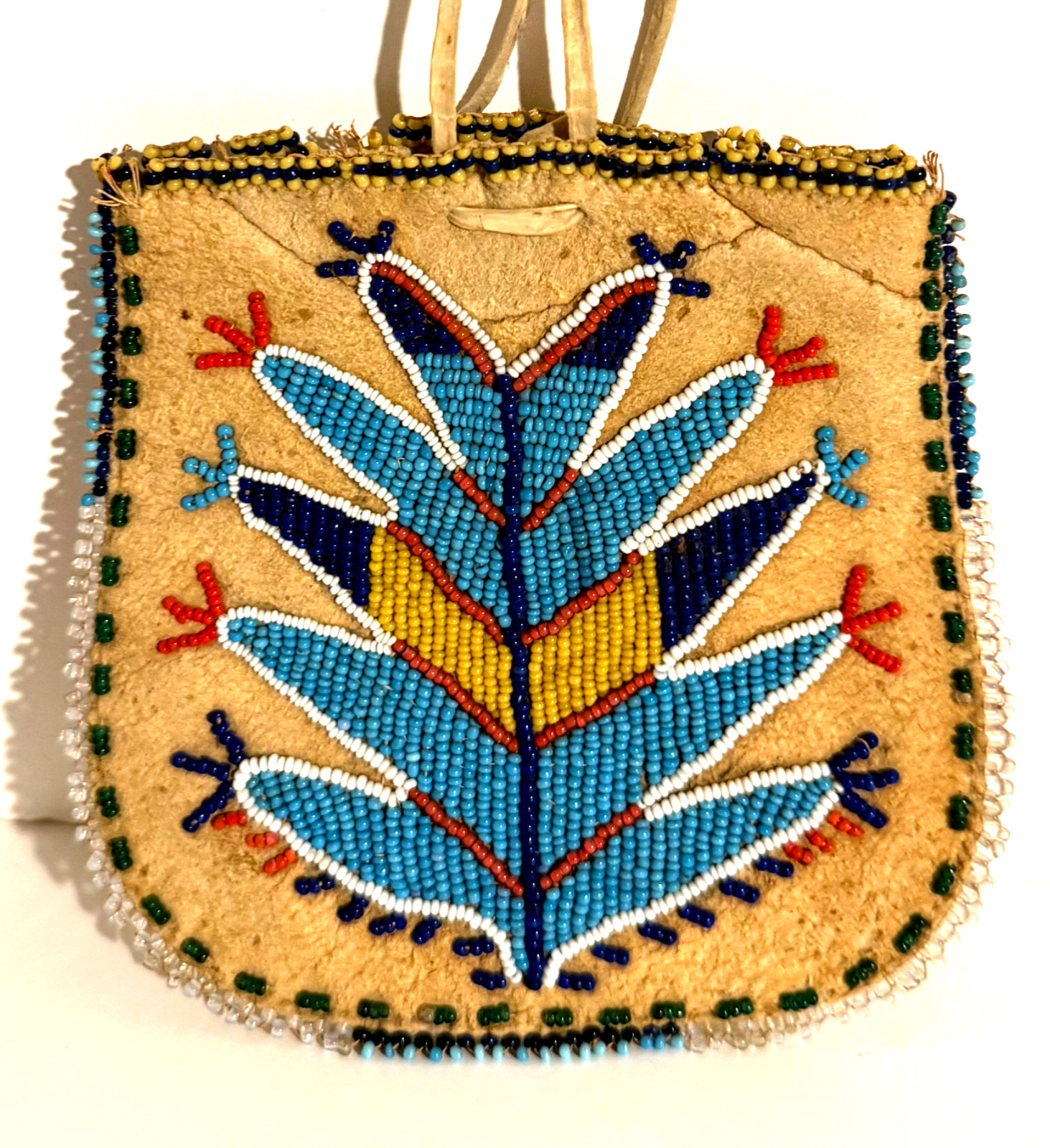 HISTORIC PLAINS BEADED HIDE POUCH,TURQUOISE BLUE GLASS BEAD BACKGROUND,EXCELLENT