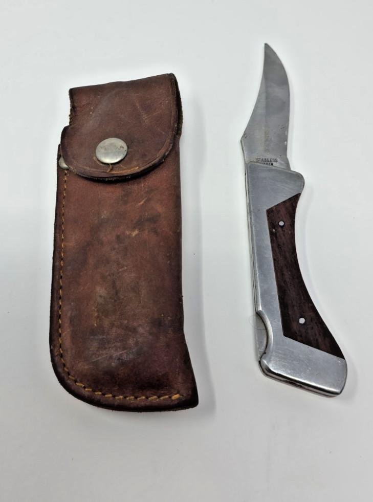 VTG Sharp 200 Stainless Steel Lockblade Pocket Knife w/Leather Sheath Japan