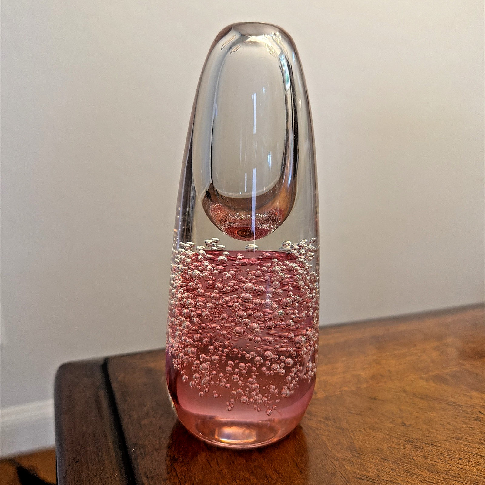 Pink and Clear Art Glass Controlled Bubble Bud Vase Signed 1996