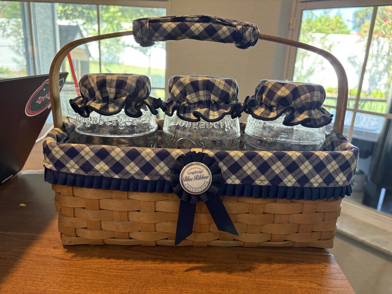 Longaberger Blue Ribbon Canning Basket With 3 Glass Jars Gingham Liner