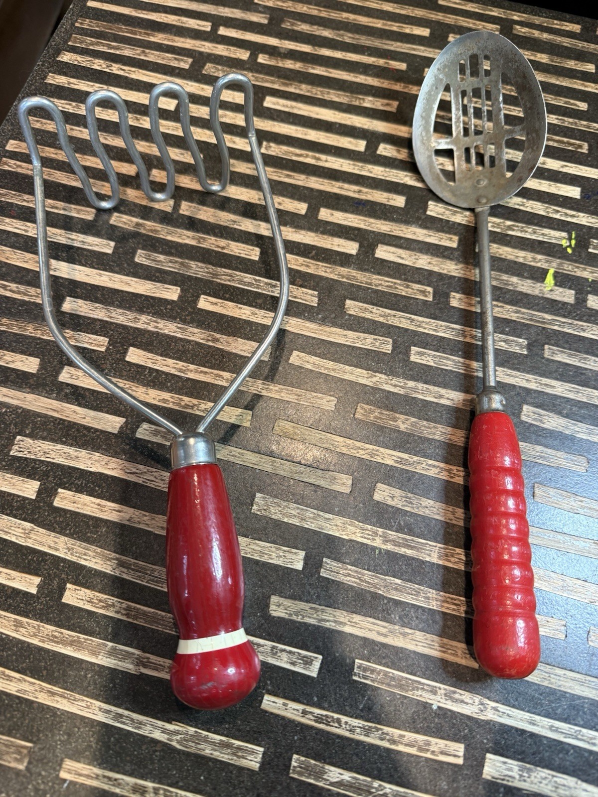 Vintage Red Handle Kitchen Utensils Potato Masher Slotted Spoon 12” Set of 2