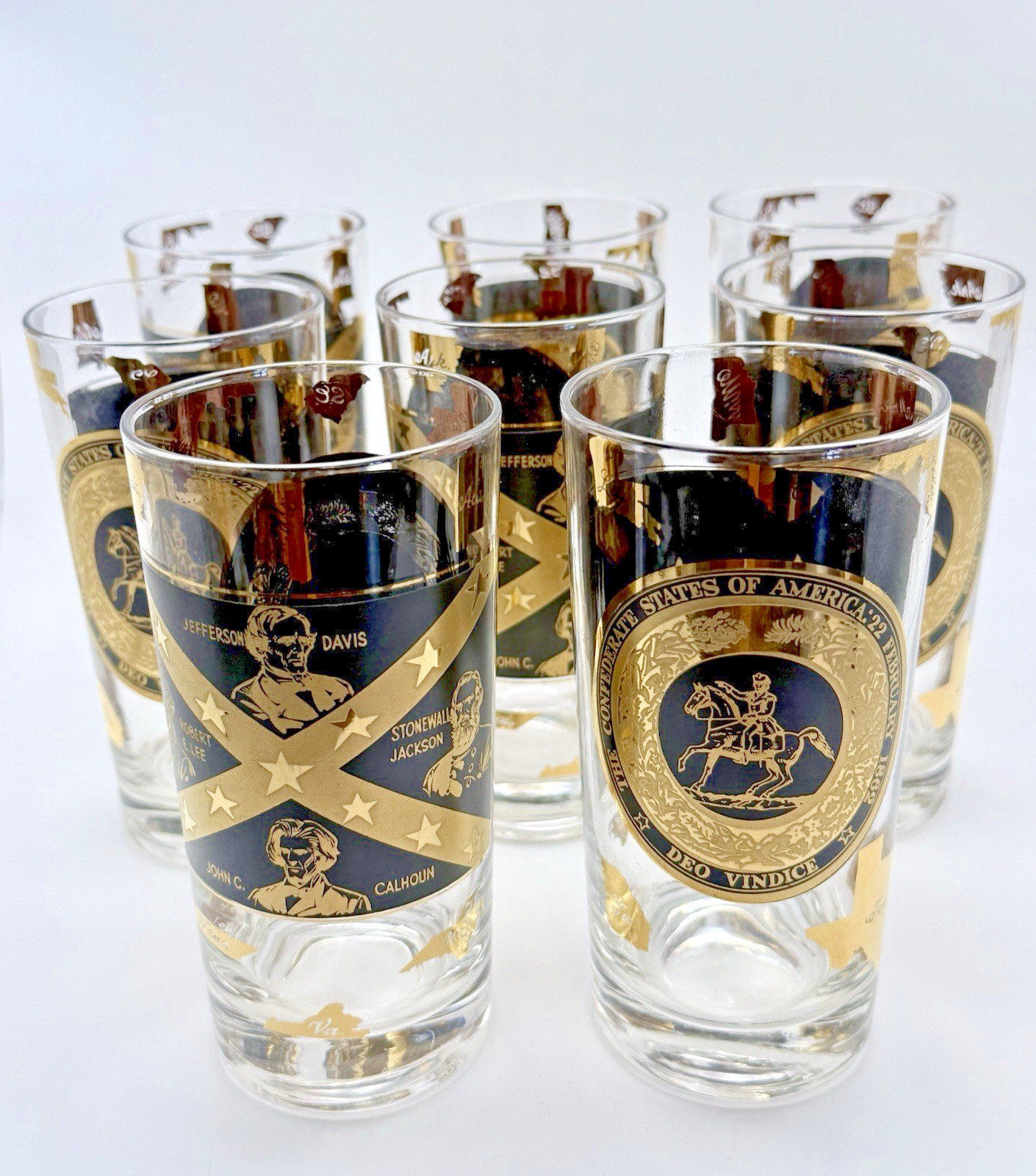 Rare Confederate States of America Highball Glass Set – Gold Decoration – 5½″ H
