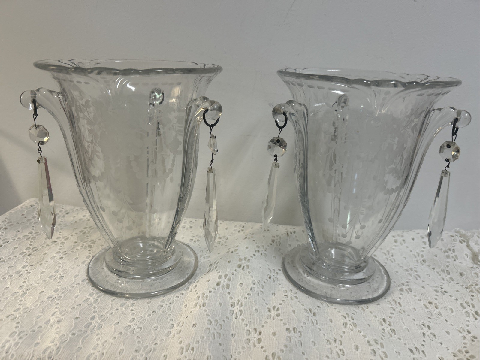 Antique Heisey Empress Pair Of Crystal Candle/ Vases 3 Prisms Each Etched 7.5” Antique Heisey Empress Pair Of Crystal Candle/ Vases 3 Prisms Each Etched 7.5”