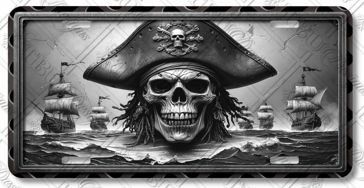 Black & Silver Pirate Skull License Plate – Nautical Car Tag Décor – LP-PI004
