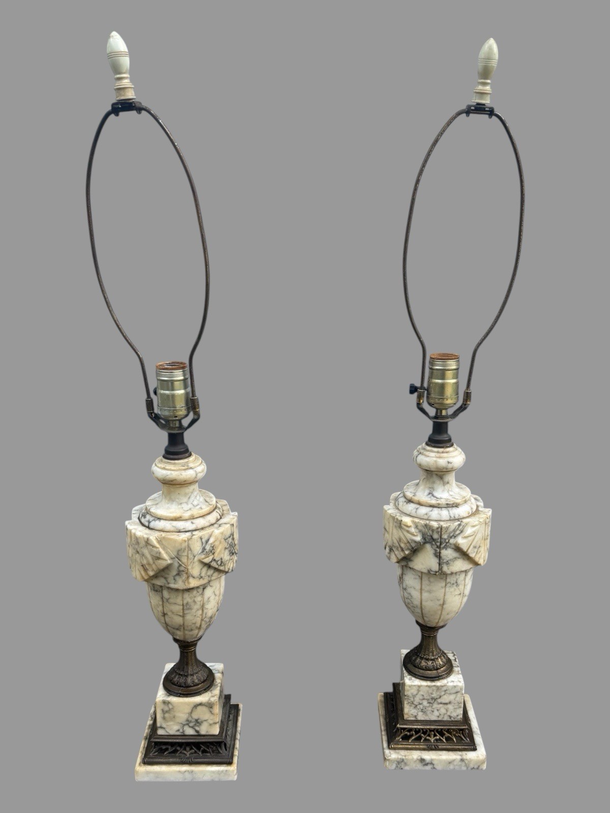 Vintage Pair Carved Marble Alabaster Urn Table Lamps Neoclassical Hollywood