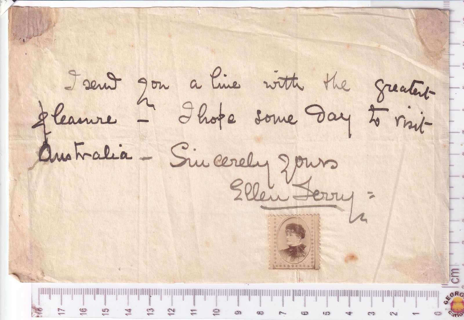 Ellen Terry Actress Autograph Note re Australia + her Cinderella stamp c 1900 Ellen Terry Actress Autograph Note re Australia + her Cinderella stamp c 1900