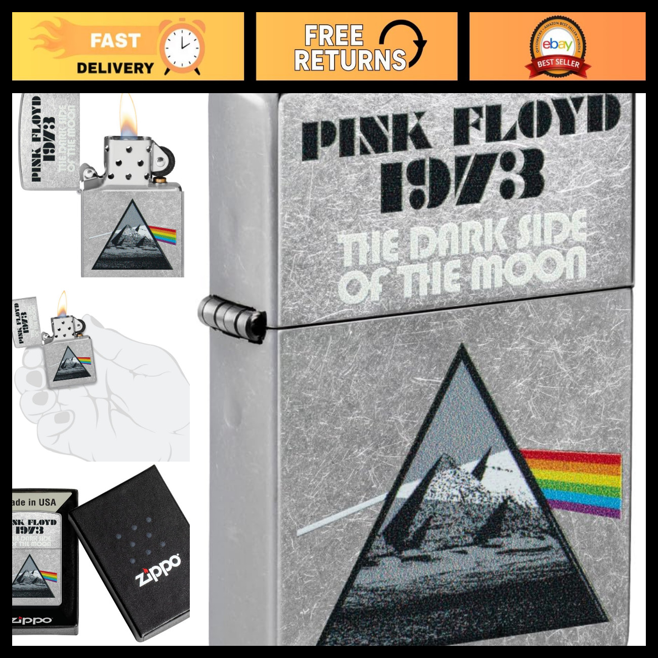 Vintage 1973 Pink Floyd Design Chrome Pocket Lighter - Made in USA, Collectible Vintage 1973 Pink Floyd Design Chrome Pocket Lighter - Made in USA, Collectible