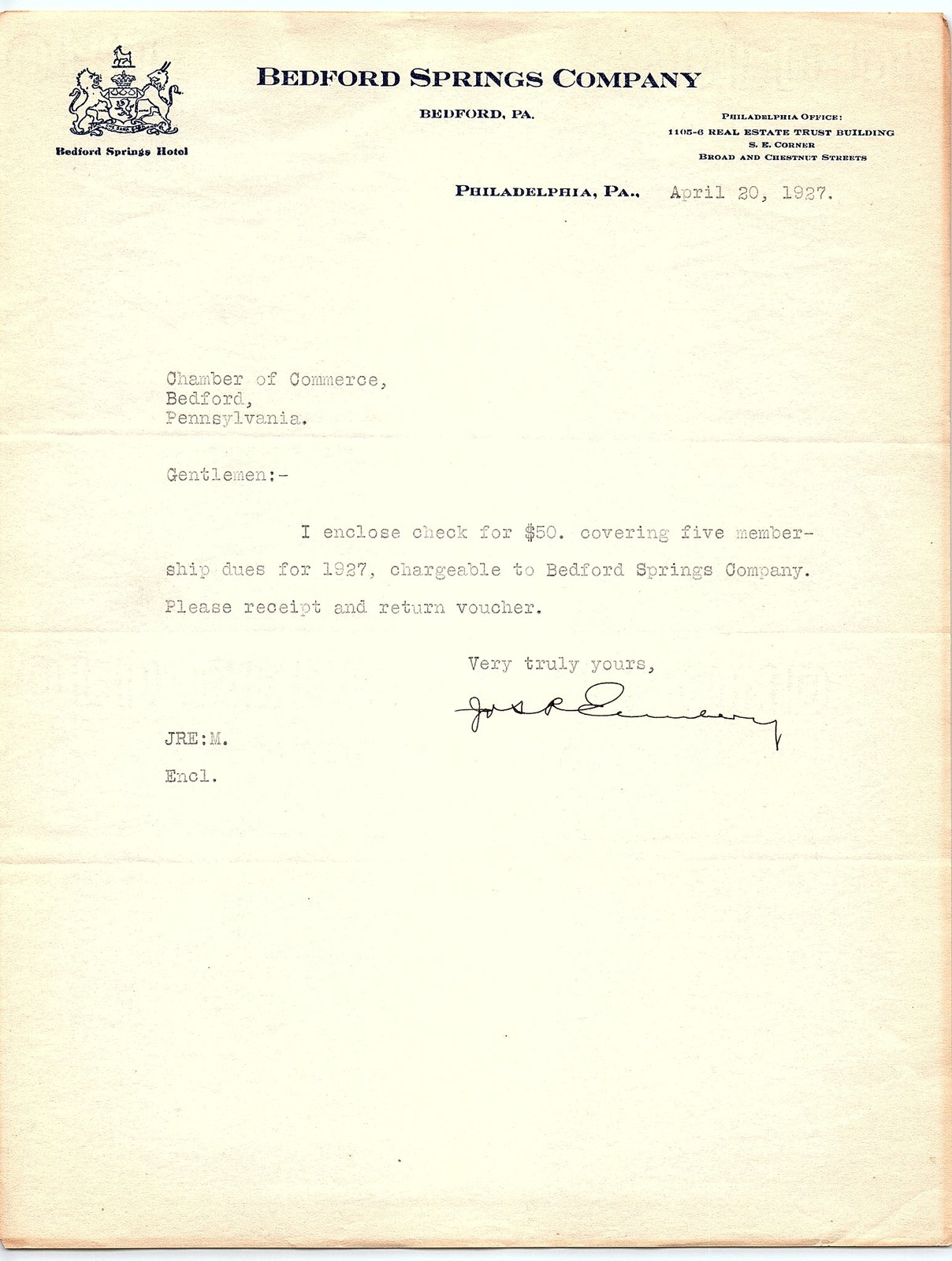 1927 Bedford Springs Co. letterhead, PA hotel logo 1927 Bedford Springs Co. letterhead, PA hotel logo