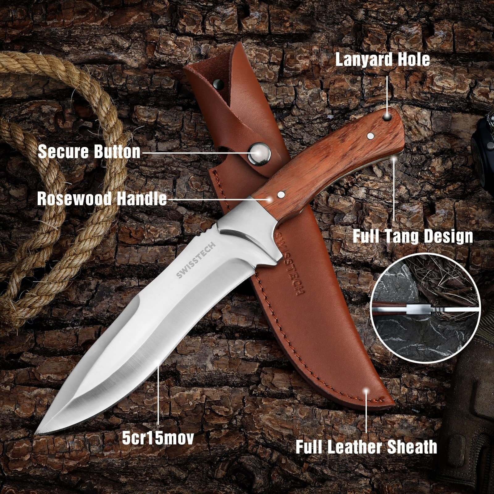 Swiss+Tech 11-5/8\'\' Fixed Blade Hunting Bowie Knife Full-Tang w/ Leather Sheath