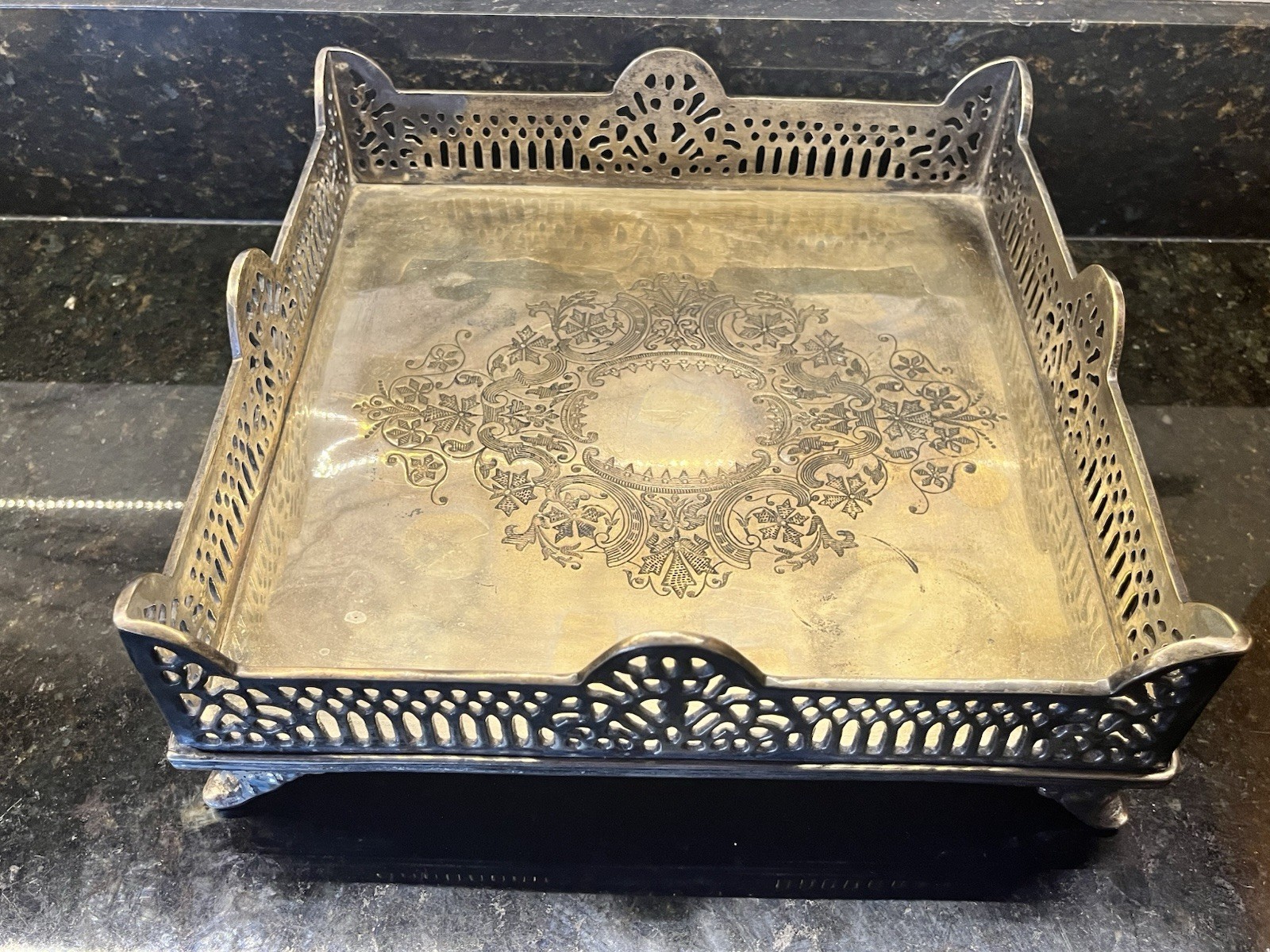 Brass Antique Large Castilian Brass Tray With Elegant Feet