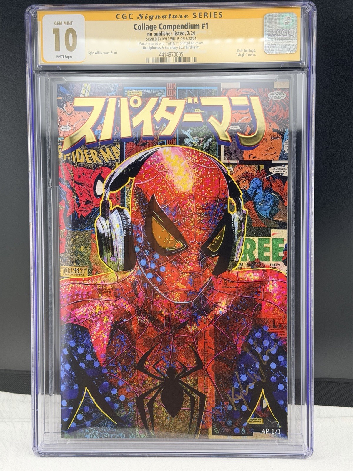 Spiderman Headphones Gold Foil CGC 10 Kyle Willis Signed Collage Compendium AP 1 Spiderman Headphones Gold Foil CGC 10 Kyle Willis Signed Collage Compendium AP 1