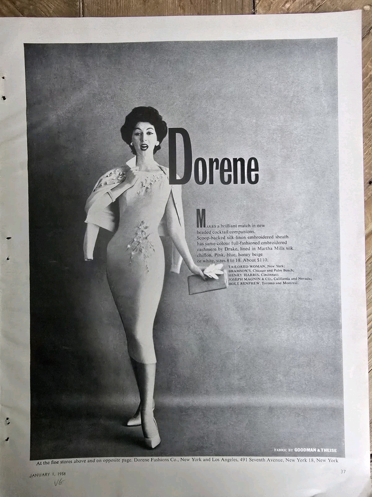 1958 Women\'s Dorene SIlk Linen Embroidered Dress Vintage fashion Ad