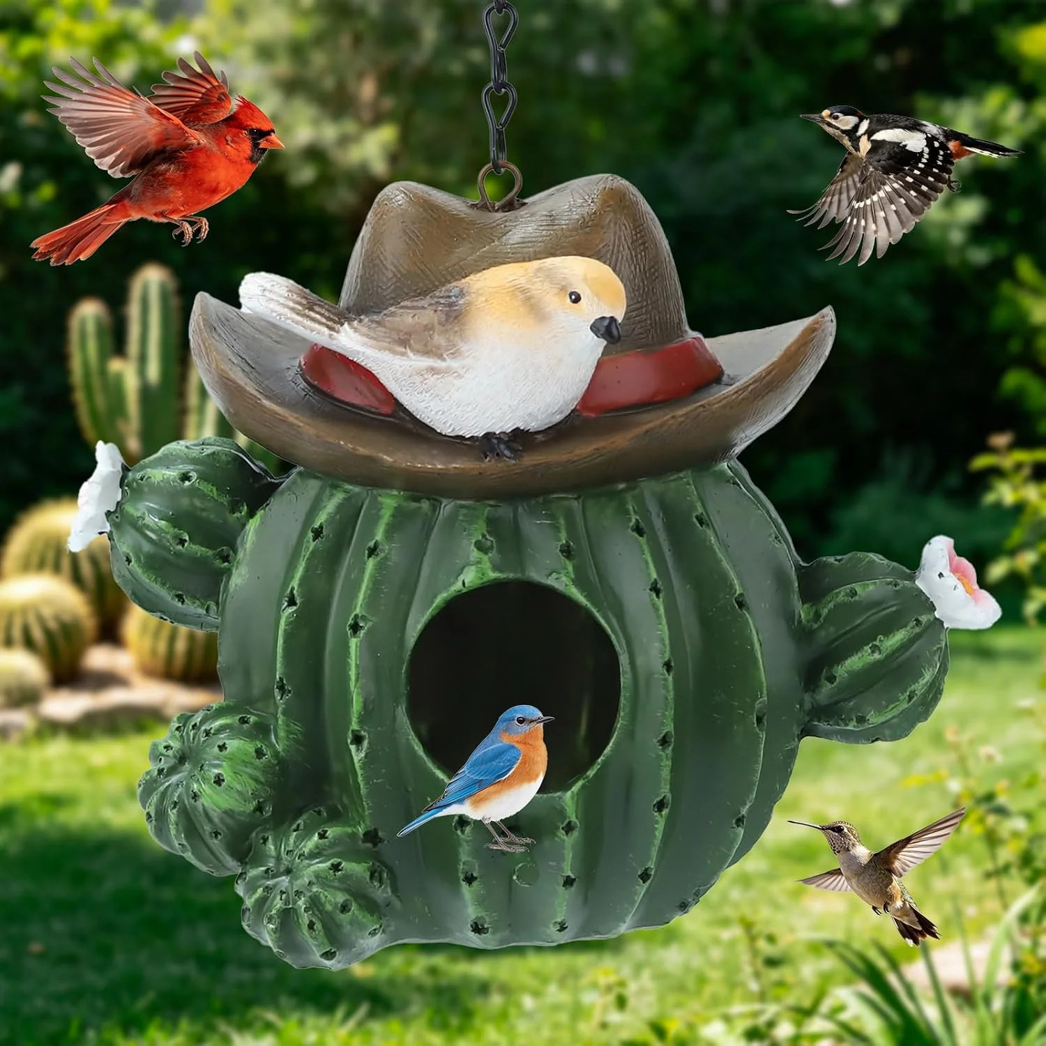Bird Houses for Outside Cactus Birdhouse with Sparrow - Hand-Painted Resin Birdh Bird Houses for Outside Cactus Birdhouse with Sparrow - Hand-Painted Resin Birdh