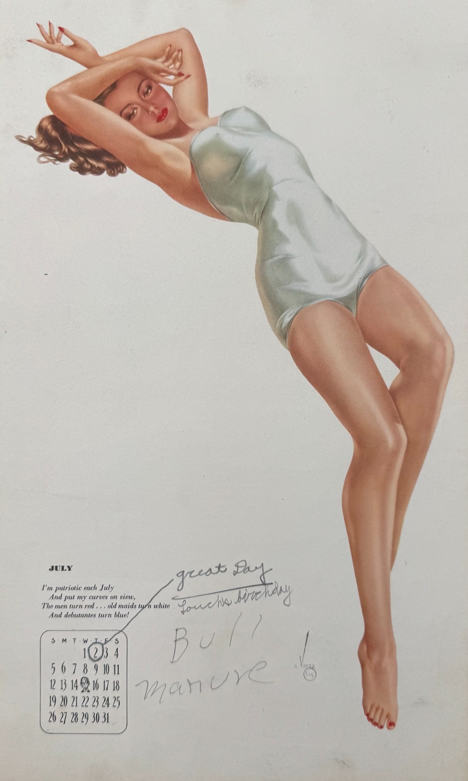 1947 Alberto Vargas Varga Girl July Esquire Calendar Page Pin Up Cancer 14x8.25