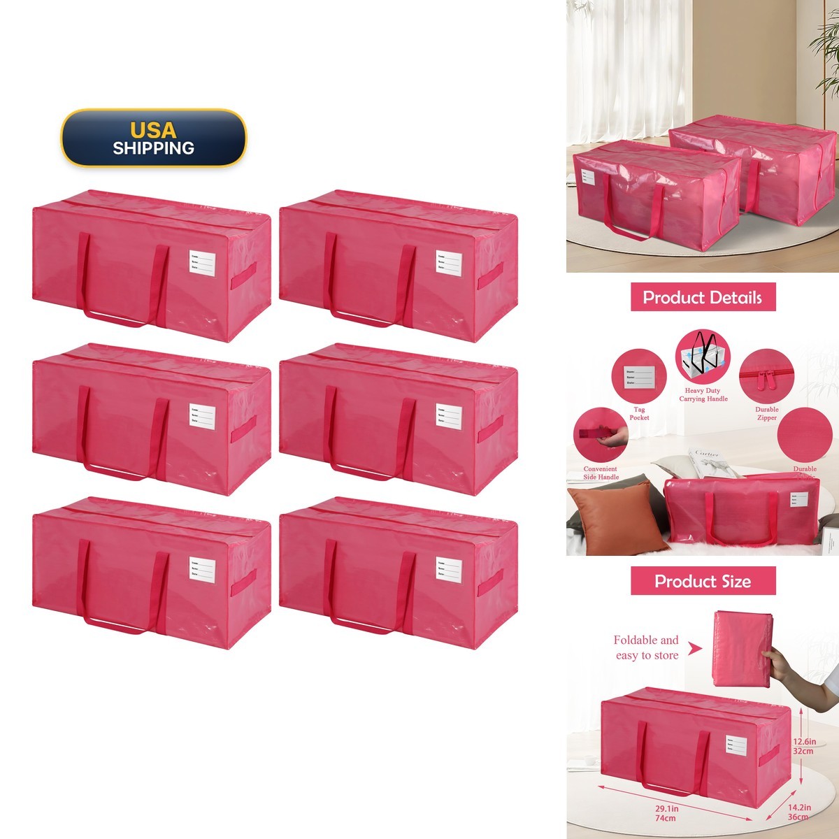JCBZAMZ 6 Pack Heavy Duty Extra Large Waterproof Foldable Moving Bags - Pink
