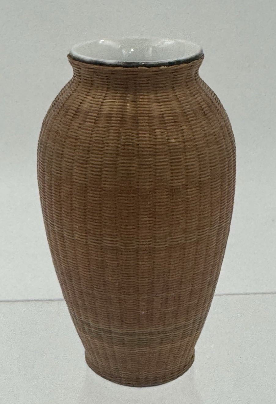 Vintage Woven Split Bamboo Covered Chinese Porcelain Vase