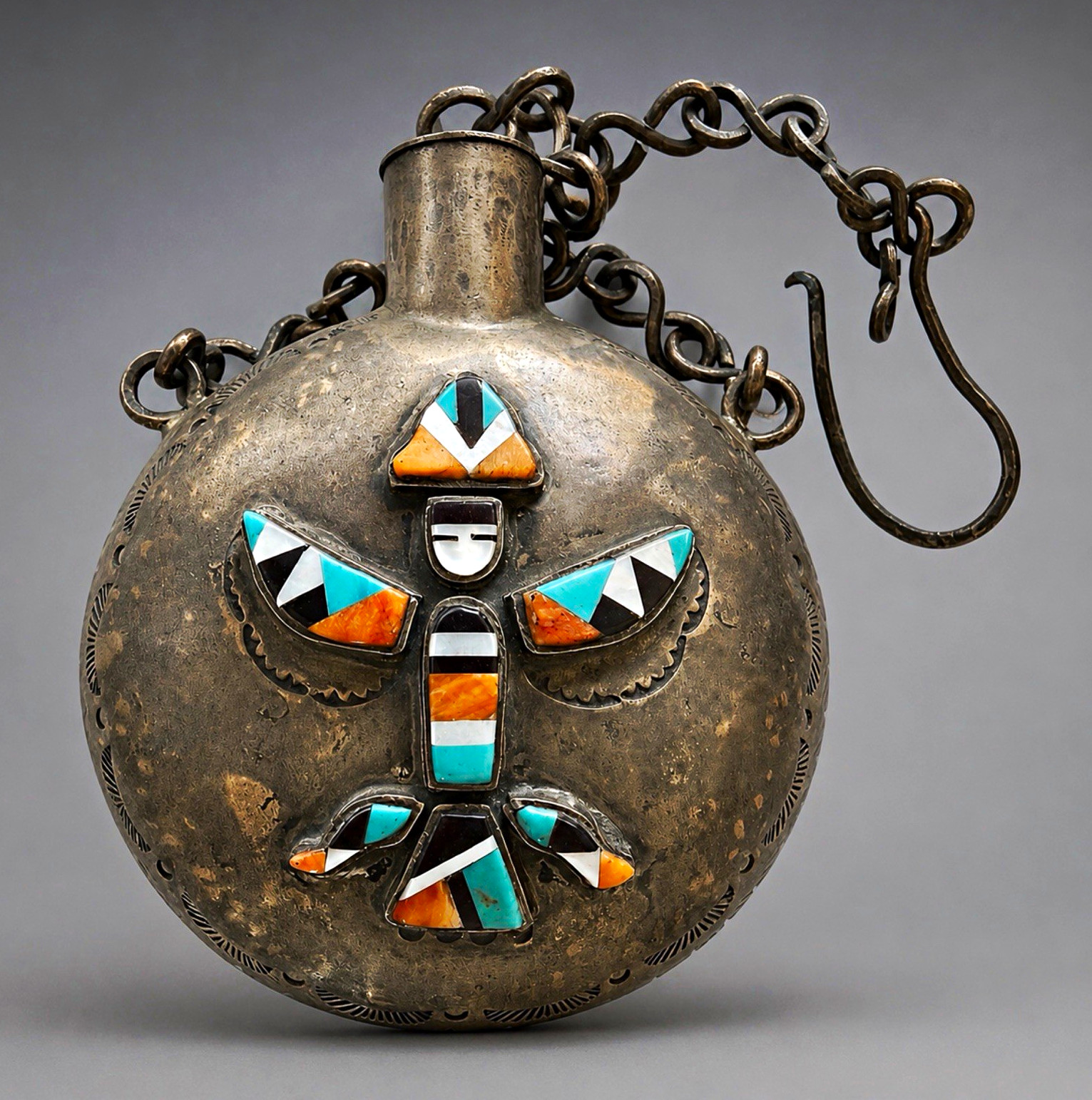Native American Zuni Tobacco Canteen with Knife Wing Stone on Stone Inlay Large