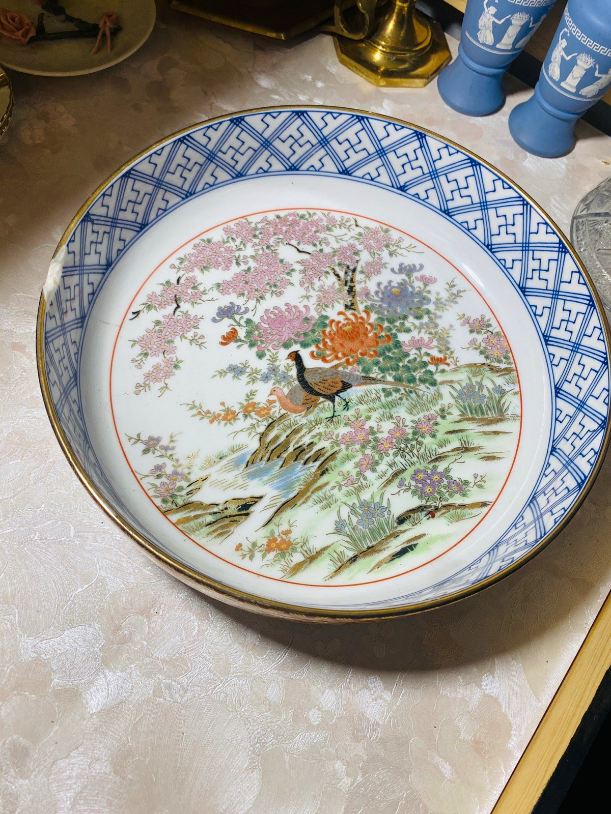 Vintage Shibata Japanese Porcelain Bowl Pheasant Cherry Blossom Gold Gilt Trim