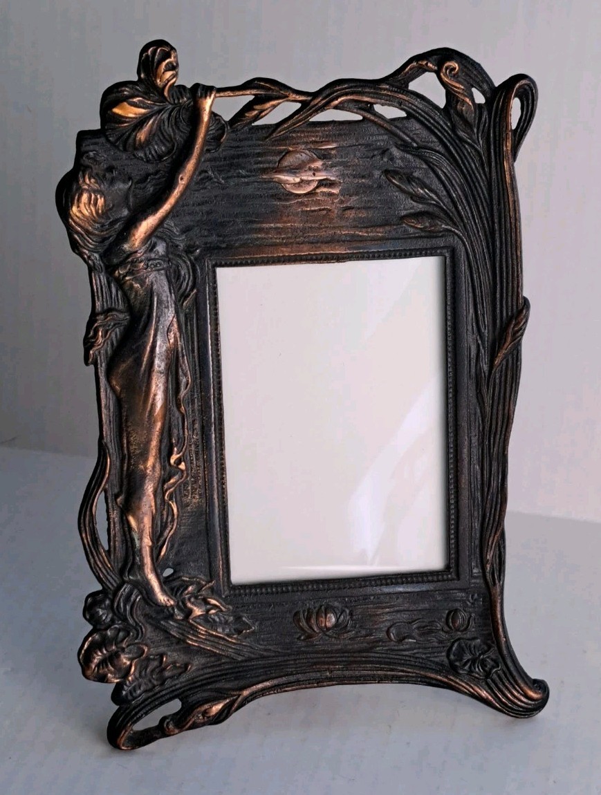 Vintage Art Nouveau Copper Clad Photo Table Frame 4x6 Maiden Woman Iris Flowers Vintage Art Nouveau Copper Clad Photo Table Frame 4x6 Maiden Woman Iris Flowers