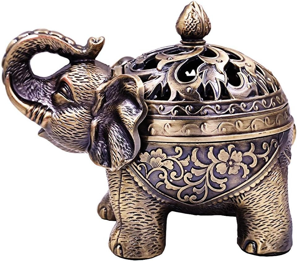 Metal Elephant Incense Holder,Vintage Cone Coil Incense Burner with Lid,Ash Catc