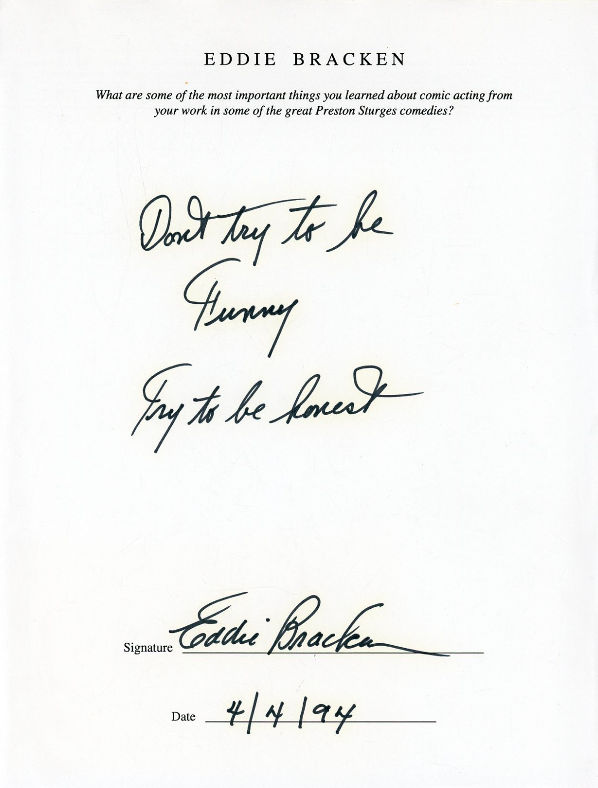 Eddie Bracken- Signed Handwritten Note Eddie Bracken- Signed Handwritten Note