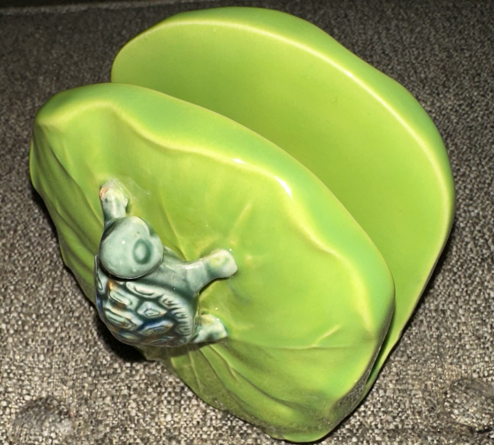 Vintage Turtle Green Ceramic Napkin Holder Featuring A Lily Pad & Turtle On Side