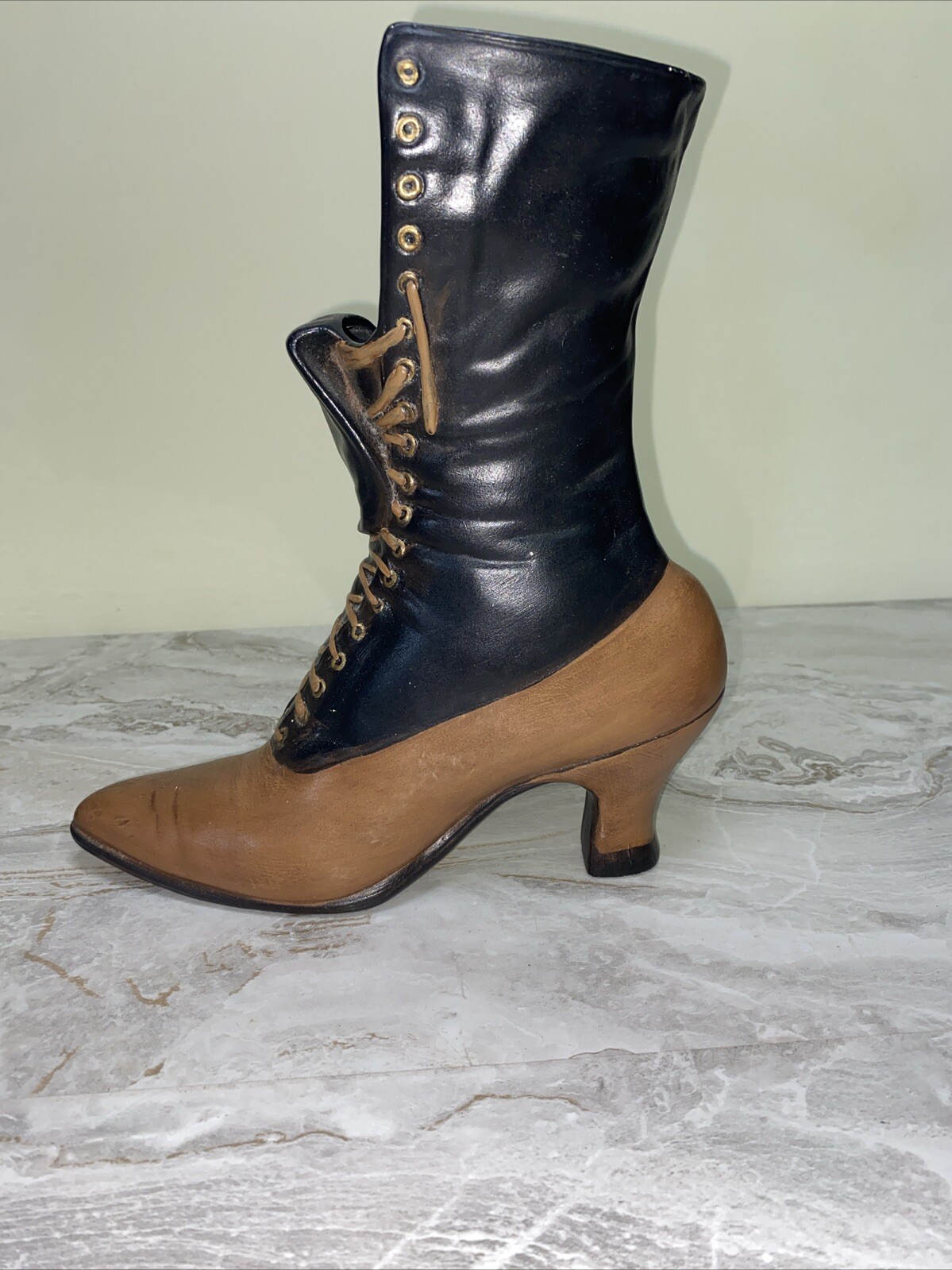 Ceramic Victorian Boot Shoe Vase Planter Pottery Two-Tone Brown Boots
