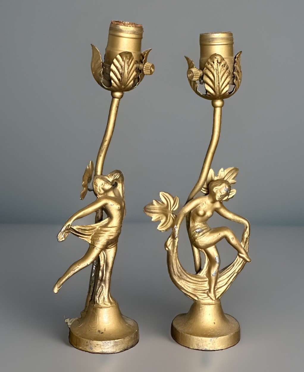 2 Fabulous Vintage Art Nouveau Dancing Drape Figural Nudes Boudoir Lamp Lights