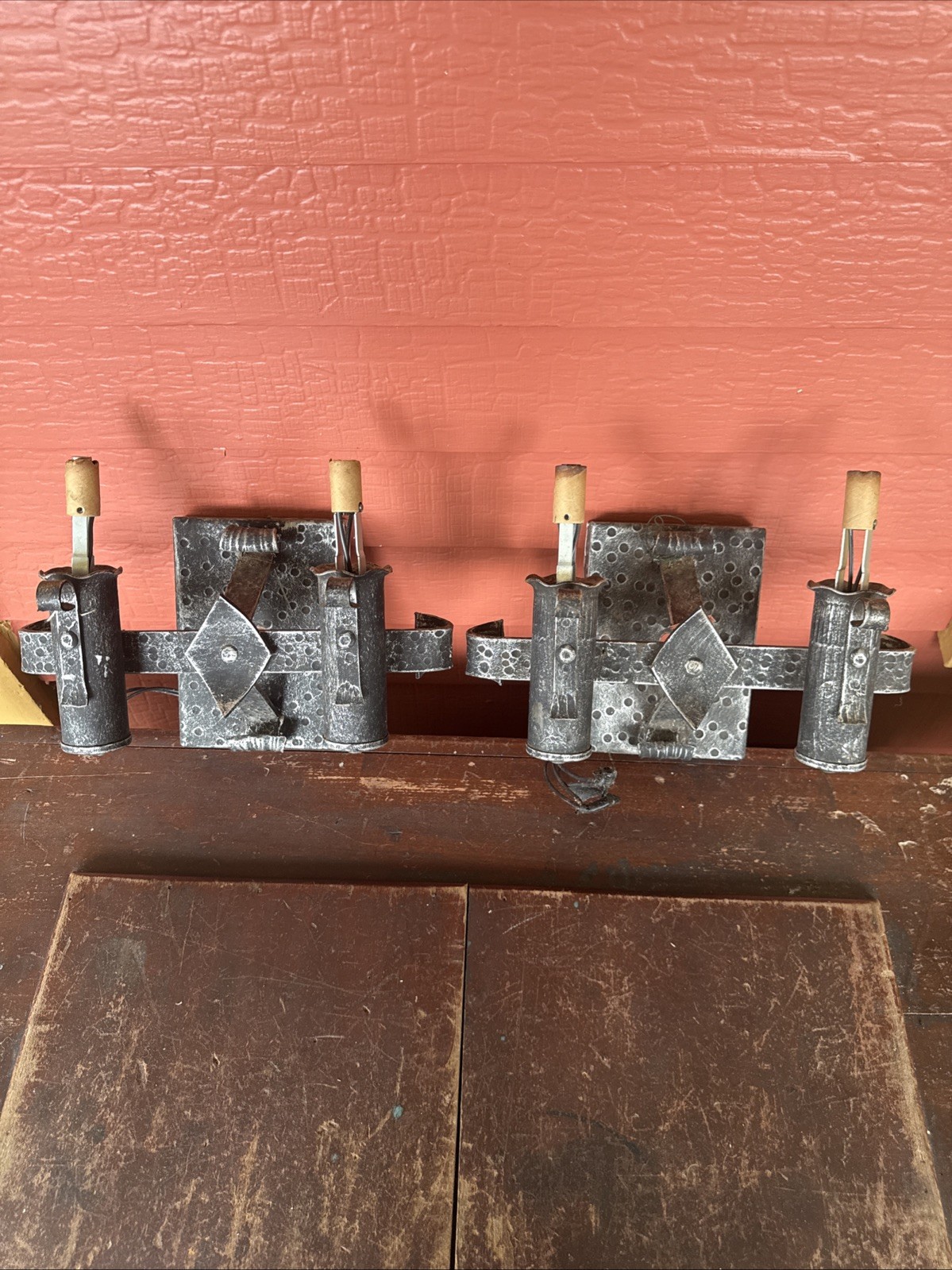 Pr Vintage Italian Brutalist 2 Light Wall Sconces Hammered Iron Italy Tag