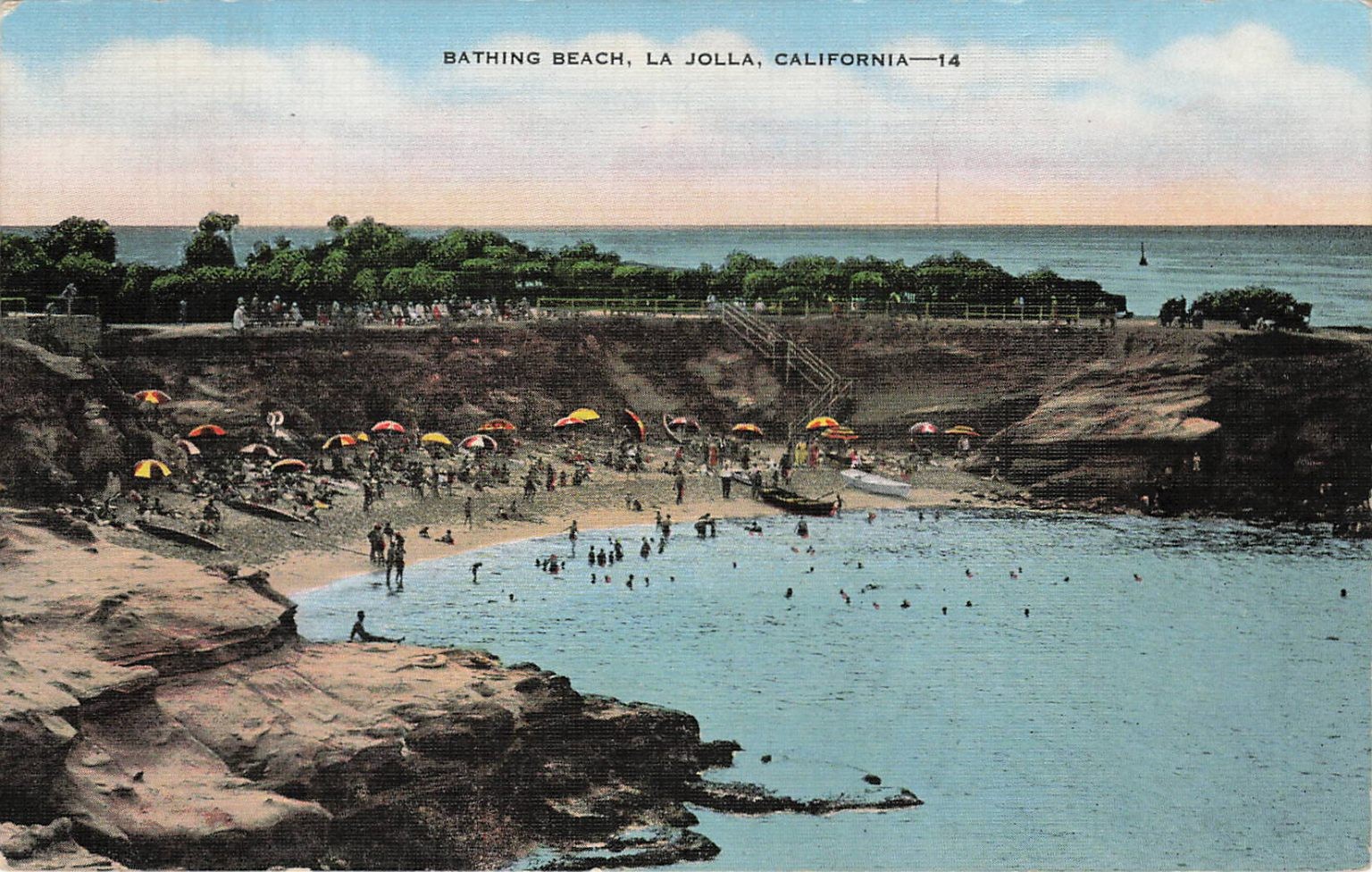 Vintage La Jolla Bathing Beach Postcard - E. C. Kropp - California Linen Vintage La Jolla Bathing Beach Postcard - E. C. Kropp - California Linen
