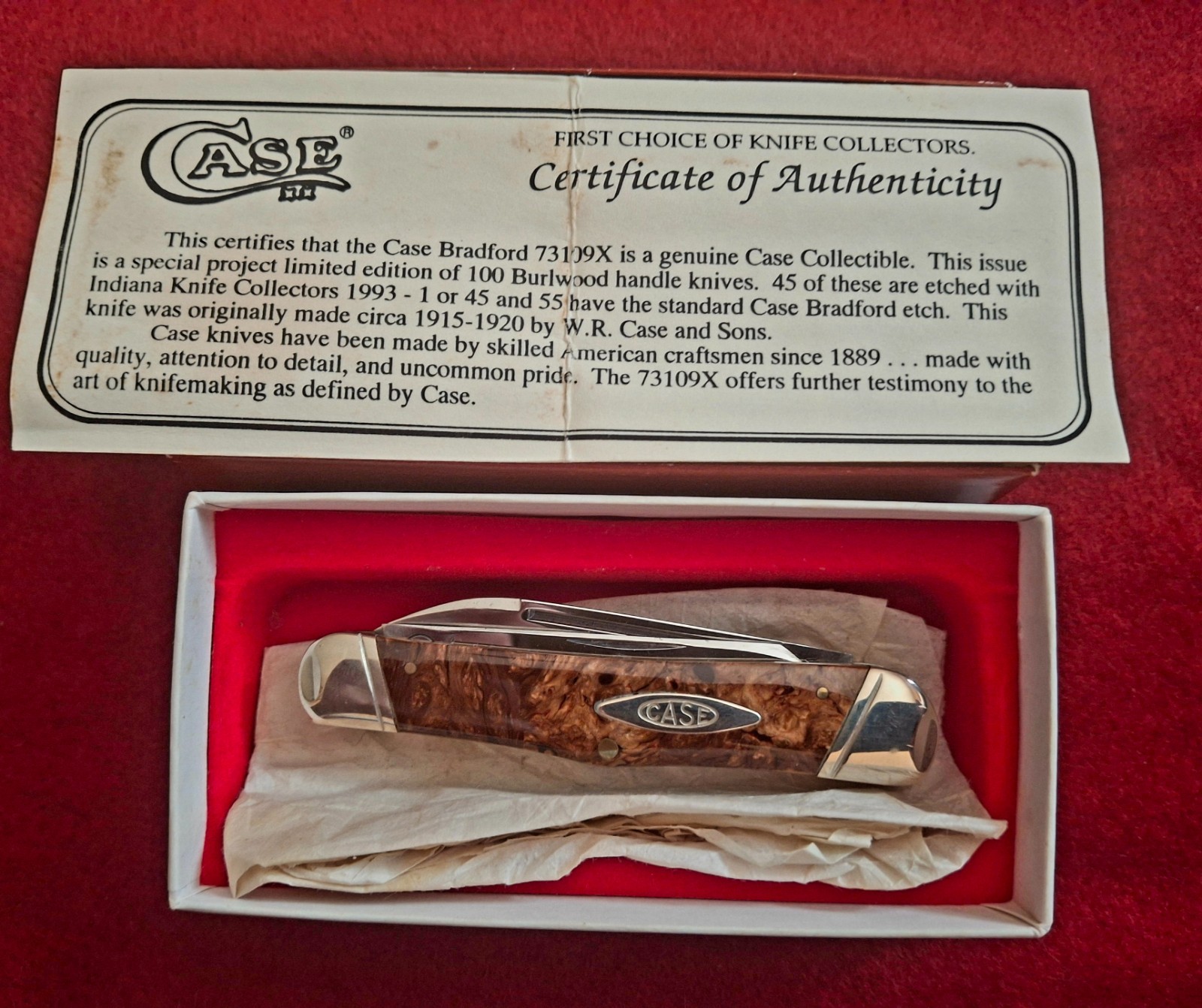 1993 Case Classic Burl Wood 73109X 3-Backspring Whittler IKC unetced 1 of 55 COA