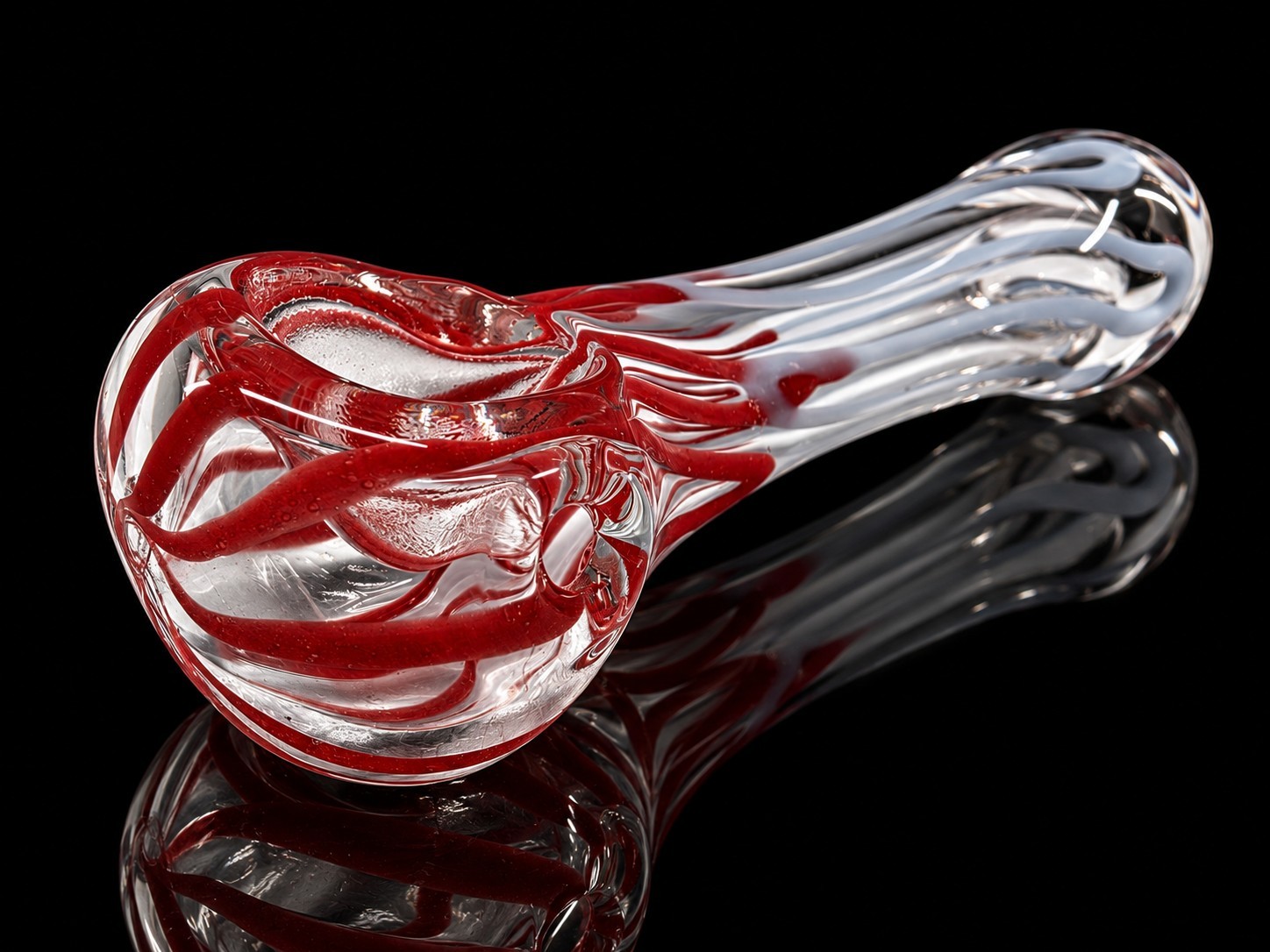 Ruby Red Ribbon Art Glass Tobacco Hand Pipe Clear Thick Glass