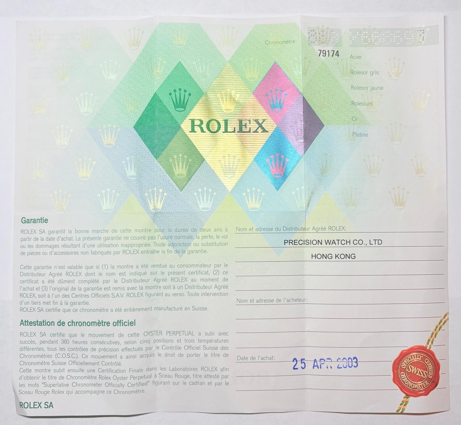 OEM Rolex 79174 Lady-Datejust Warranty Certificate Guarantee 2000s Y Serial Cert