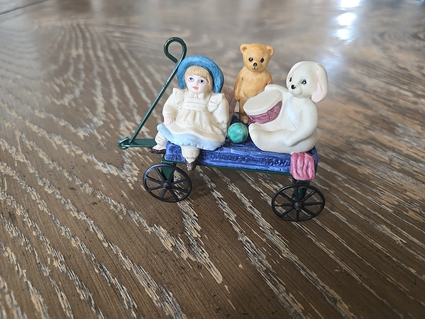 Vtge Antique Tiny Wagon With Doll,Teddy, And Bunny Riding Movable Vtge Antique Tiny Wagon With Doll,Teddy, And Bunny Riding Movable